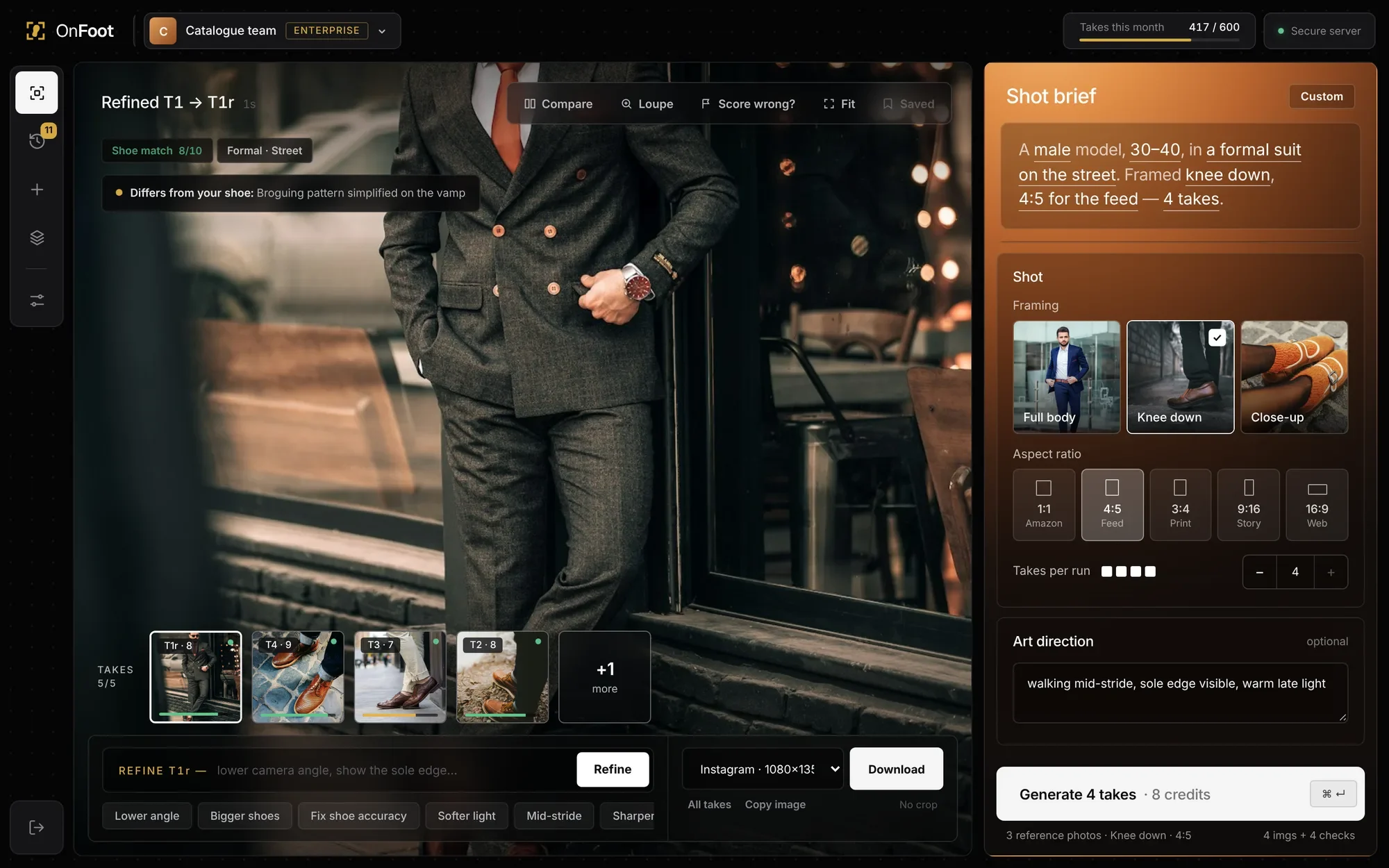 The OnFoot studio: a generated on-model take fills the canvas, with scored takes, refine and export below, and the shot brief on the right