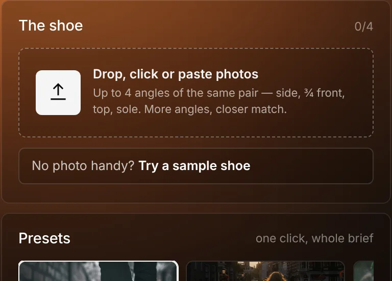 The shoe section of the brief, where packshots are added