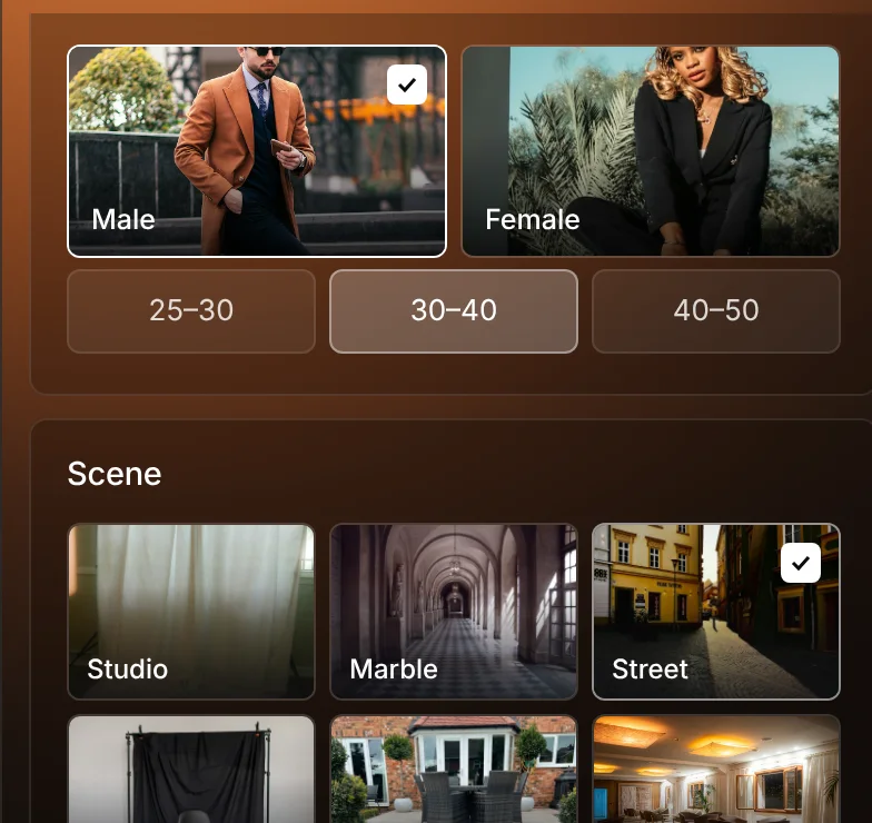 Model and scene choices shown as photo cards